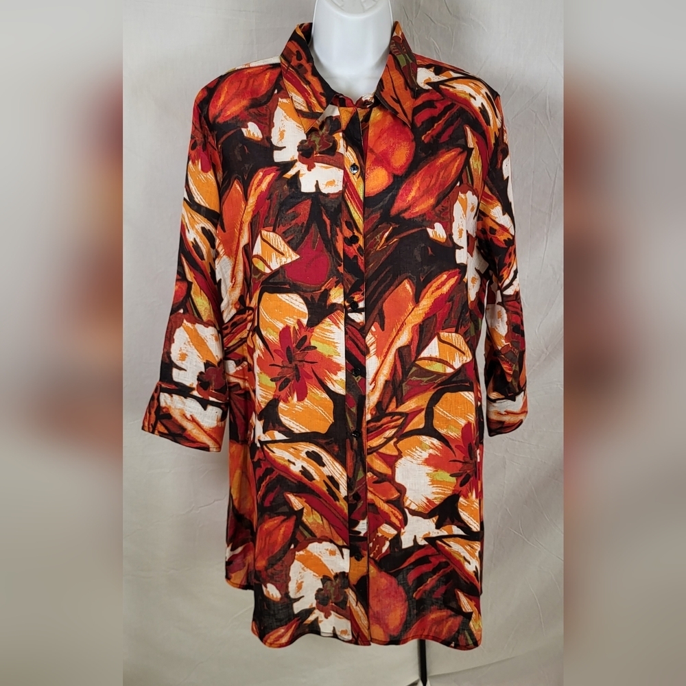 CHICO'S Orange Floral Print Linen Button-up Blouse - Size 3 or Size XL